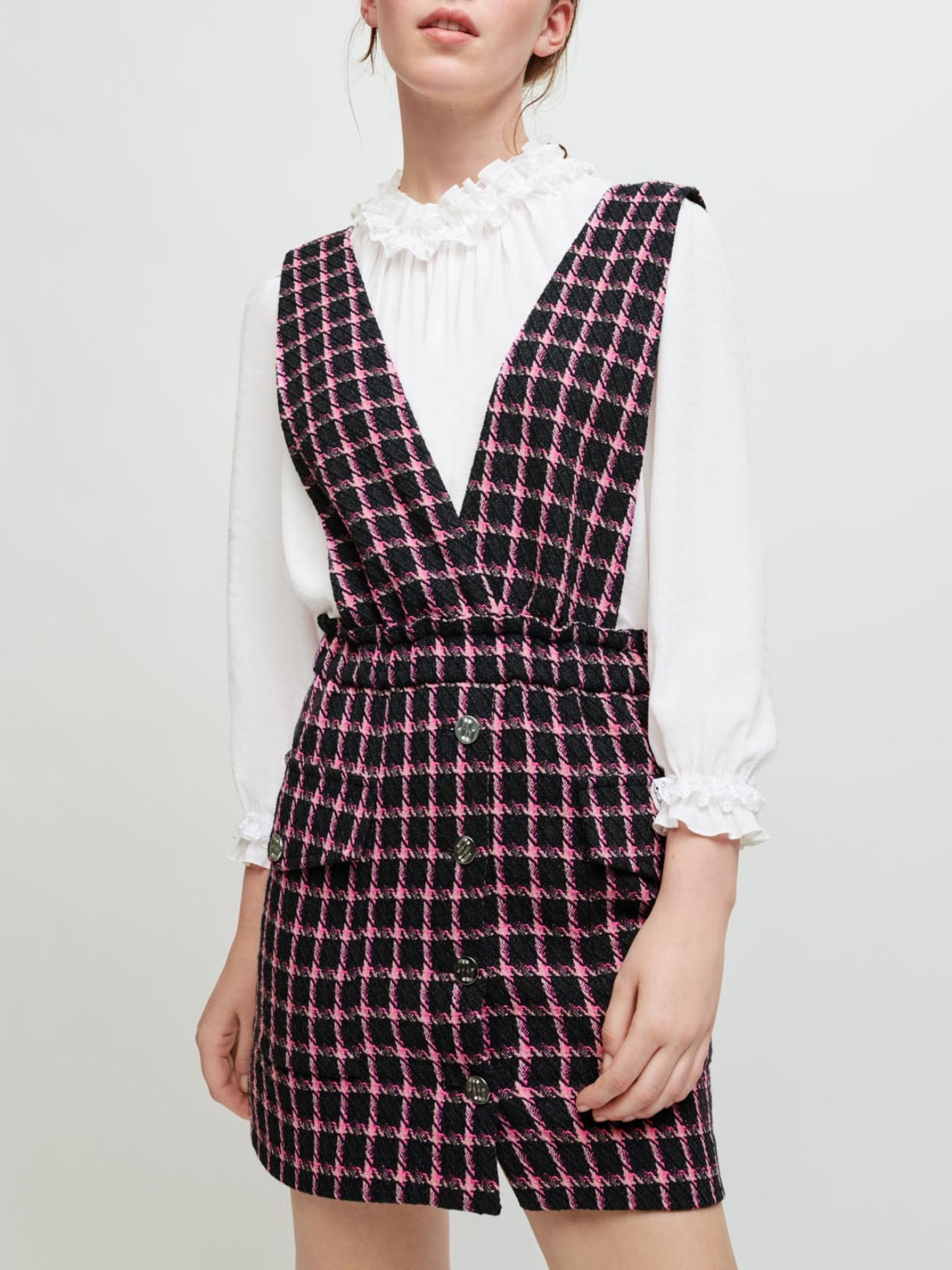 Check strapless dress