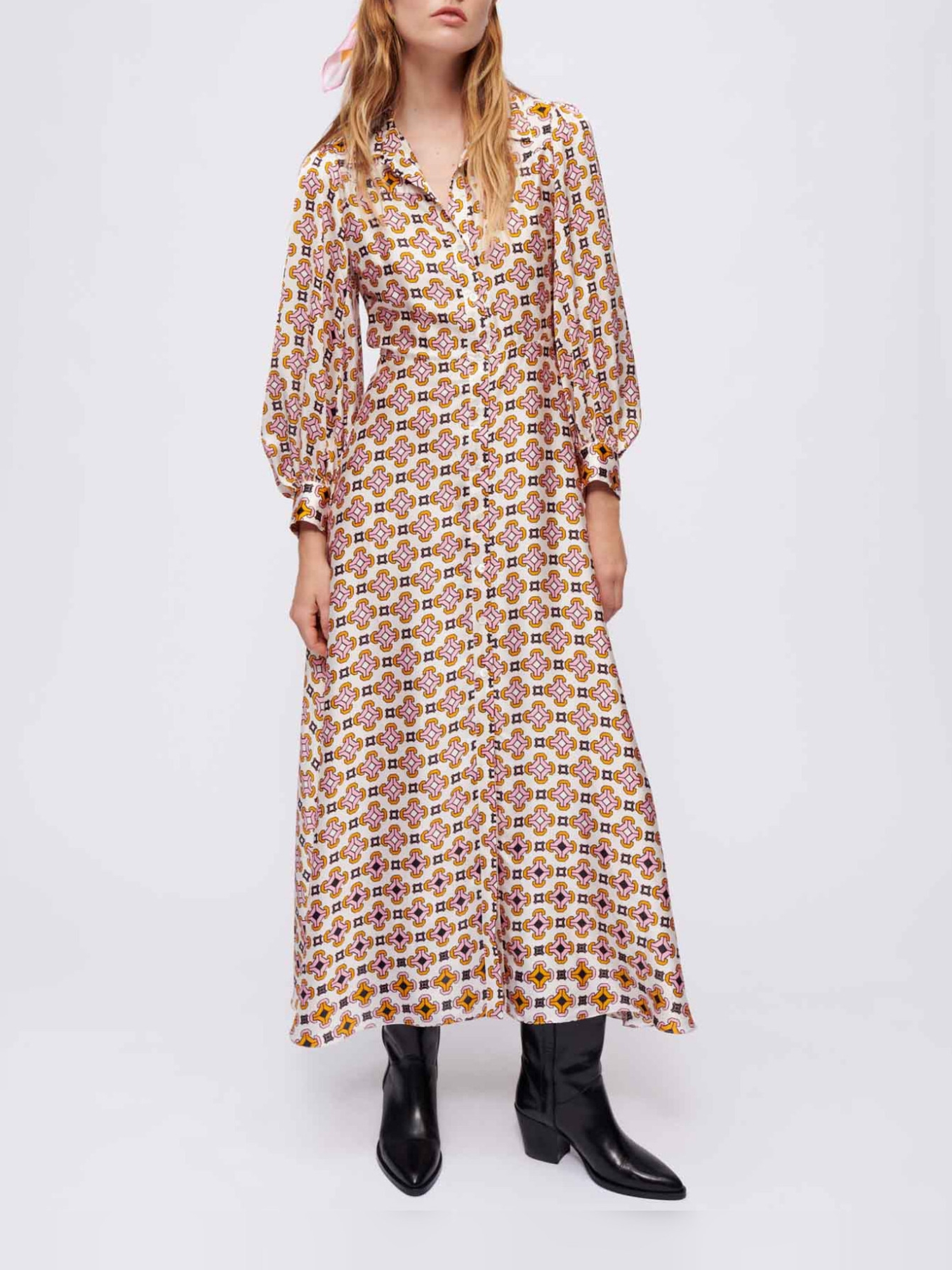 Printed satin shirt dress